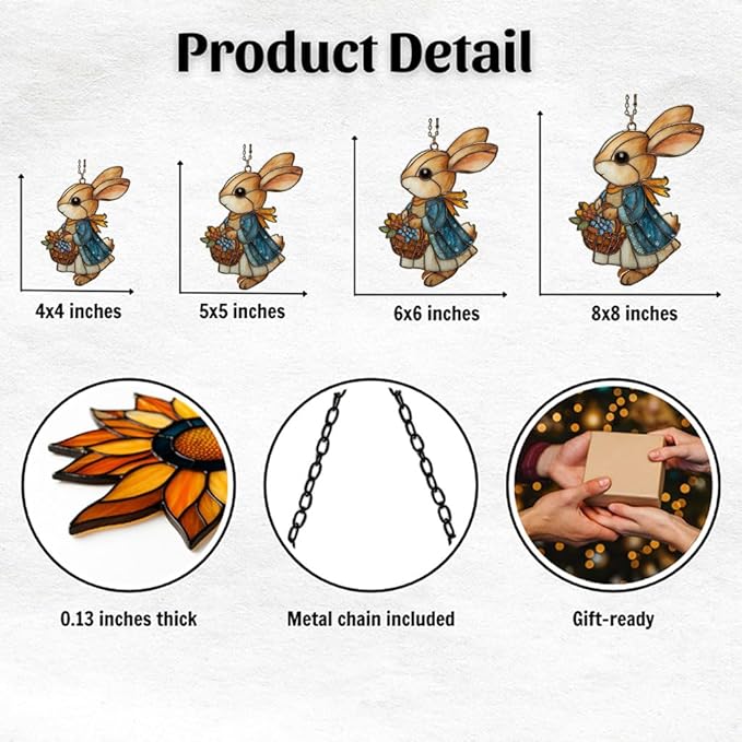 Whimsical Rabbit Floral Mosaic Decor Acrylic Suncatcher Stained Glass Effect Window Car Hanging Christmas Ornament Indoor Outdoor Decor Garden Sun Catcher Panel for Easter Lover for Women Mom Grandma