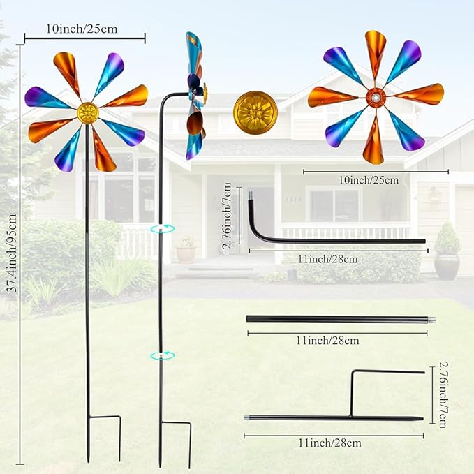 DREAMYSOUL 2 Pack Wind Spinners Outdoor, 10" Dia Metal Pinwheels for Yard and Garden, Kinetic Wind Sculptures & Spinner Outside (Colorful)