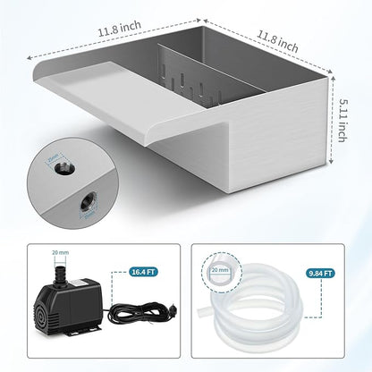 Pond Waterfall Spillway with Filter and Pump Kit - 304 Stainless Steel Ponds Waterfall Box,800 GPH Pump,9.8FT Oxford Hose,Garden Water Features