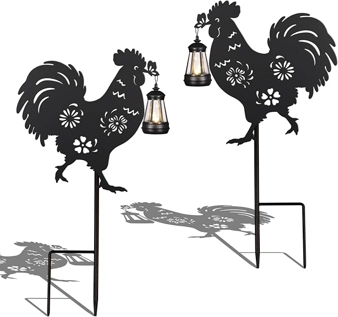 2Pack Solar Outdoor Garden Lights Stakes Solar Metal Flower Rooster Lawn Deco Statue Ideal for Chicken Lovers for Yard Art, Outside, Patio, Outdoor Decor, Garden Decorations, Lawn Ornaments