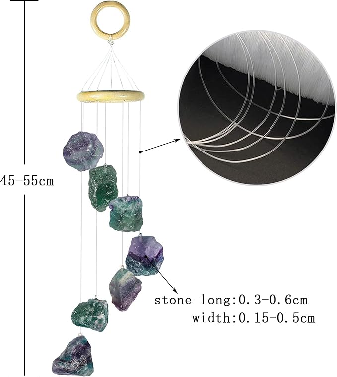 Fluorite Raw Stone Wind Chime with Wooden Hanging Circle Boho Patio Home Garden Windows Wall Ornament