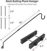 Deck Hook Railing Mount - Heavy Duty Metal Shepherds Hook Bracket for Outdoor Plant Hanger, Bird Feeder Hanger, Plant Hooks, Flower Baskets, Lanterns - 360° Rotating Pole, Extended Arm