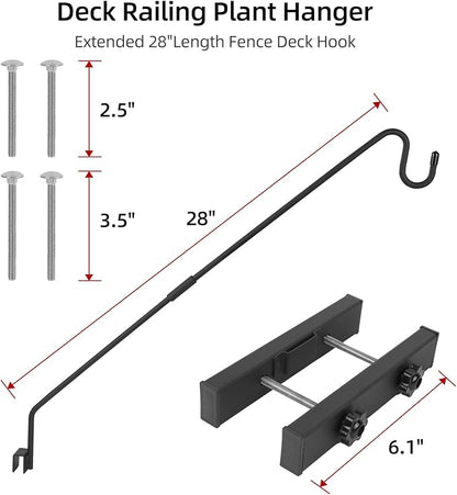 Deck Hook Railing Mount - Heavy Duty Metal Shepherds Hook Bracket for Outdoor Plant Hanger, Bird Feeder Hanger, Plant Hooks, Flower Baskets, Lanterns - 360° Rotating Pole, Extended Arm