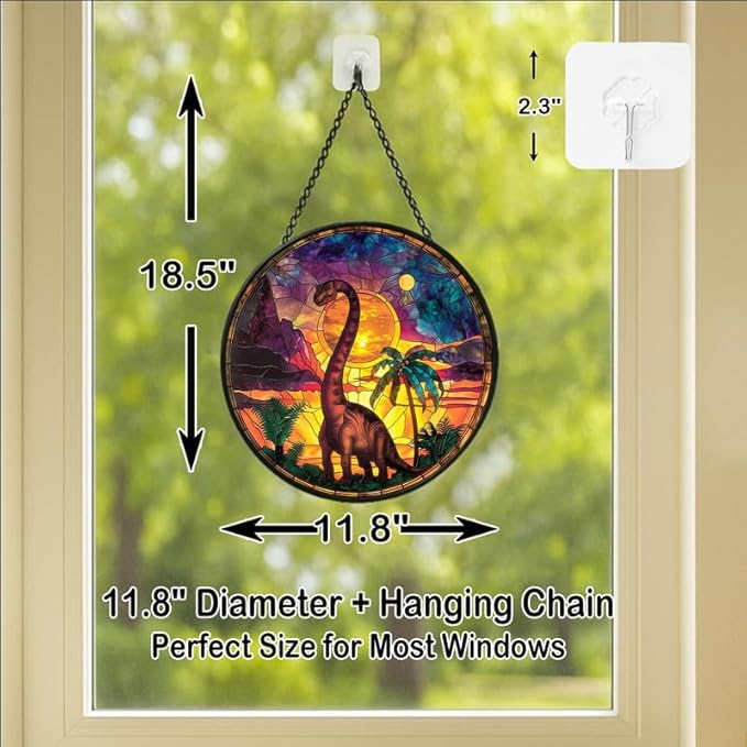 Stained Glass Window Hanging - Brachiosaurus with Sunset Palms Sun Catchers Indoor Stained Glass Panels Wall Decor for Mom Wife Lovers Festive
