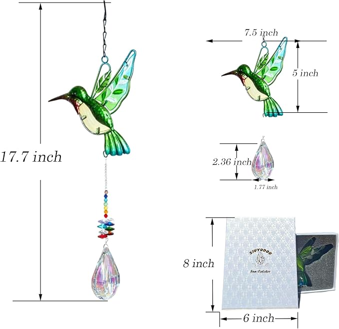 Hummingbird with Crystal Sun Catcher,Stained Glass Bird Suncatchers for Windows Hanging,Crystal Suncatcher Prism Hanging Ornament for Home Garden Party Decoration(Green,Pipa)