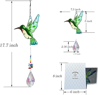 Hummingbird with Crystal Sun Catcher,Stained Glass Bird Suncatchers for Windows Hanging,Crystal Suncatcher Prism Hanging Ornament for Home Garden Party Decoration(Green,Pipa)