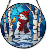 Stained Glass Window Hanging - Christmas Snowman & Bird on Birch Tree Branch Sun Catchers Panel for Indoor Decorative Display for Mom, Wife, Lovers, Festive