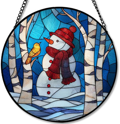 Stained Glass Window Hanging - Christmas Snowman & Bird on Birch Tree Branch Sun Catchers Panel for Indoor Decorative Display for Mom, Wife, Lovers, Festive