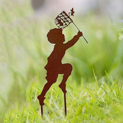Iron Children Chasing Butterfly Statues Rustic Kids Silhouette Garden Yard Stakes Art Patio Porch Lawn Ornaments (Boy)