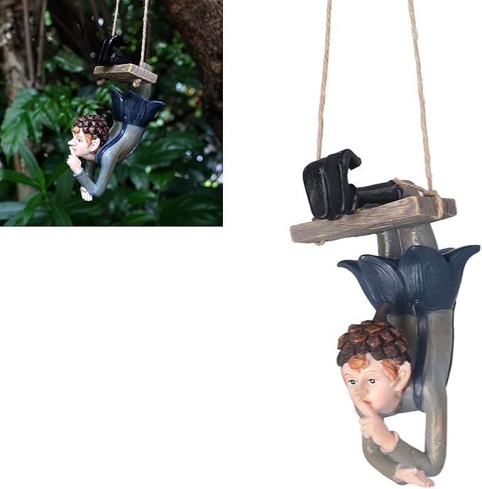 Outdoor Cute Hanging Statue Hanging Elf Statue Resin Swinging Garden Decoration Swing Elf Figurine for Fairy Garden Outdoor