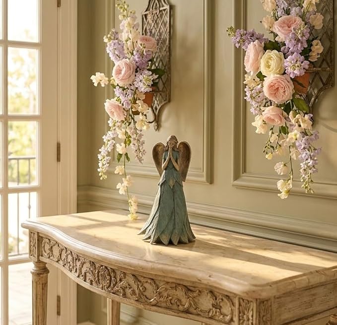 Napco Praying Angel Faith Plant Leaf 11 x 6 x 6.5 inches Blue and Bronze Resin Stone Collectible Figurine Statue Sculpture, Indoor Outdoor Garden Décor