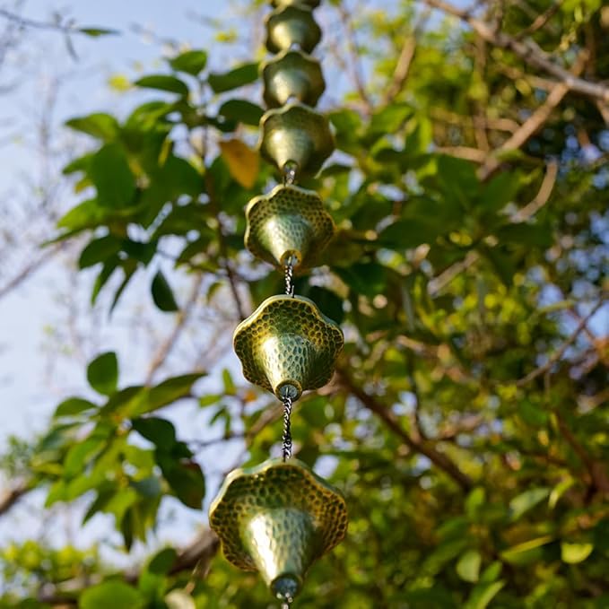 9.7ft Rain Chain, Rain Chain for Outside with 10 Funnel Shaped Cups Adjustable Metal Chain Rain Catcher Chain for Gutters, Eaves, Drains, Replacement Downspouts (Green)