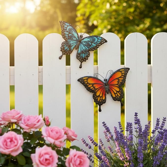 LIFFY Metal Butterfly Wall Decor,2Pack 12" Hanging Glass Butterfly Outdoor Decor,Home Orange Butterflies Decorative Ornaments Outside for Garden,Yard,Fence,Patio