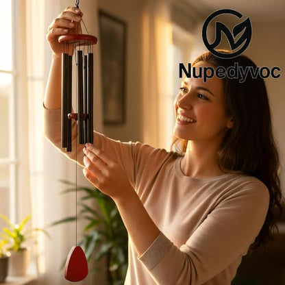 35” Large Black Aluminum Wind Chimes with Brown Wooden Cap for Outside, Deep Tone Outdoor Garden Patio Weather Resistant Metal Decor, Ideal Gift for Birthday, Mother's Day, Ambiance, Relaxation