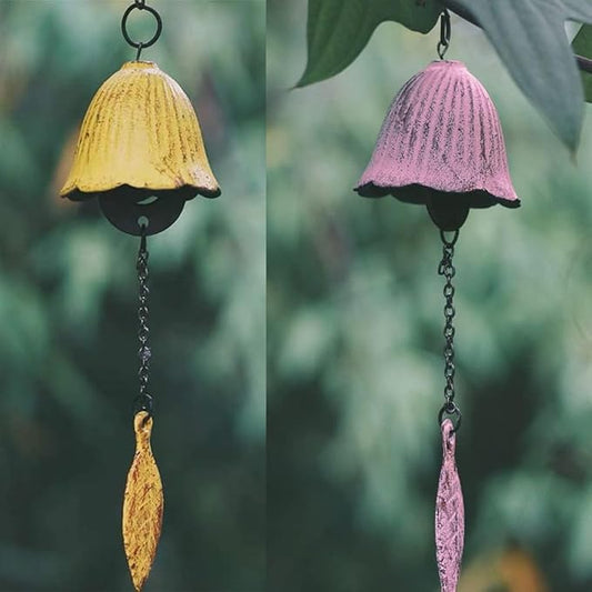 Set of 2, Japanese Lucky Small Wind Chimes Outdoor, Iwachu Cast Iron Temple Wind Bell Memorial Wind Chimes for Outside or Indoor Good Luck for Garden, Patio, Balcony(Pink and Yellow Leaf)