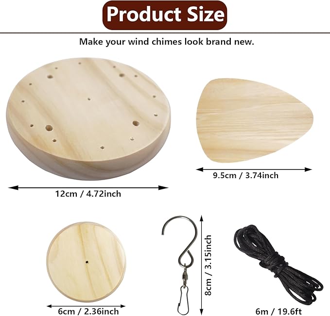 Wind Chime Replacement Parts, 28 PCS Windchime Repair Kit Including Round Top, Clapper, Wind Catcher, 19.6FT Nylon Cord, DIY Wind Chime Supplies (Wood)