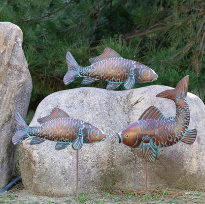 Outdoor Garden Statues Koi Fish Decor,Antique Copper Garden Sculptures & Statues for Outside,Patio,Backyard,Pond,Home,Decorations,Metal Yard Art Fish Stakes,Gifts for Mom Grandma,Set of 3