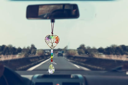 Healing Crystal Decor Tree of Life Car Hanging Accessories Suncatcher with Wings 7 Chakras Window Wall Hanging Decor Meditation Ornaments Home Decoration