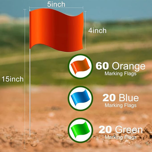 Zozen 100Pack Marking Flags, 60 Orange & 20 Green & 20 Blue, Writable / 15x4x5 Inch, Yard Flags for Lawn & Irrigation & Landscape & Sprinkler & Survey & Dog Training.