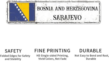 Bosnia and Herzegovina Custom Street Sign Bosnia and Herzegovina Flag Signs Capital City of Bosnia and Herzegovina Metal Sign Road Rustic Wall Art Home Decor Gift for Foreign Friend, Neighbor 24x6in