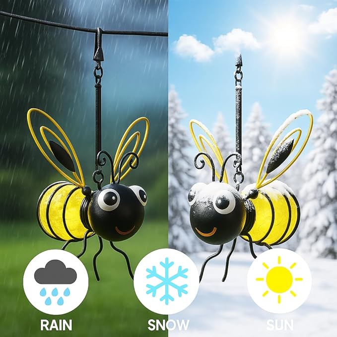 Solar Bee Lights Outdoor – Hanging Metal Bee Lights with Hook, Waterproof Garden Decorations for Yard, Patio & Trees, Winter Holiday Gifts & Outdoor Décor for Women & Kids (Gold-1PC)