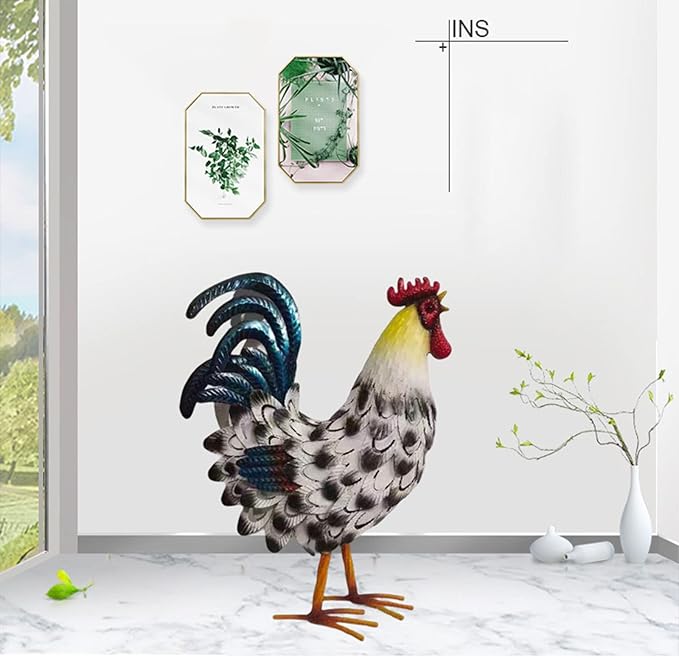Metal Rooster Decor， Chicken Animal Yard Art Lawn Ornament Figurines Artwork for Outdoor, Patio,Backyard and Home Kitchen Decoration (Black and White)