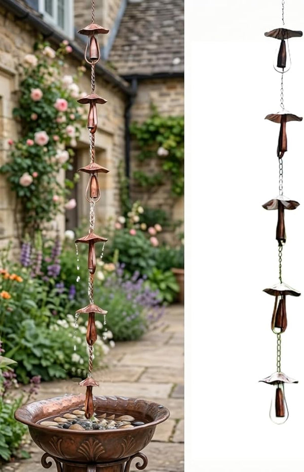 Vintage Iron Mushroom Rain Chain for Outside - Durable Metal Gutter Downspout Replacement with Colorful Glass Accents - Rustic Garden Decor and Wind Chime for Patio Porch