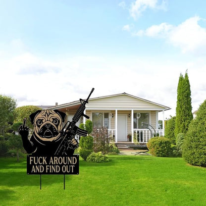 F Around & Find Out Dog Sentry Metal Dogs Silhouette Garden Stake with Middle Finger &Weapon Sign, FAFO Security Sign Middle Finger Dog Statue Decor for Outdoor Yard Patio (Pug, 8 * 16")