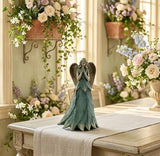 Napco Praying Angel Faith Plant Leaf 11 x 6 x 6.5 inches Blue and Bronze Resin Stone Collectible Figurine Statue Sculpture, Indoor Outdoor Garden Décor