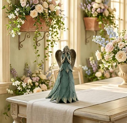 Napco Praying Angel Faith Plant Leaf 11 x 6 x 6.5 inches Blue and Bronze Resin Stone Collectible Figurine Statue Sculpture, Indoor Outdoor Garden Décor