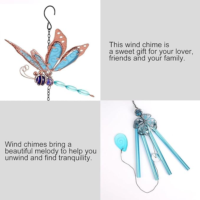 Dragonfly Wind Chimes, Garden Glass Glowing Wind Chimes for Home, Party, Festival Decor, Garden Decoration Indoor/Outdoor,Lifelike Dragonfly Deep Tone Style