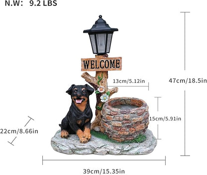 Solar Light Animal Outdoor Statue Planter with Welcome Sign, Resin Garden Sculpture Flower Pot for Patio Lawn Porch Yard Courtyard Decor, Weather-Resistant Decorative Figurine Accent (D)
