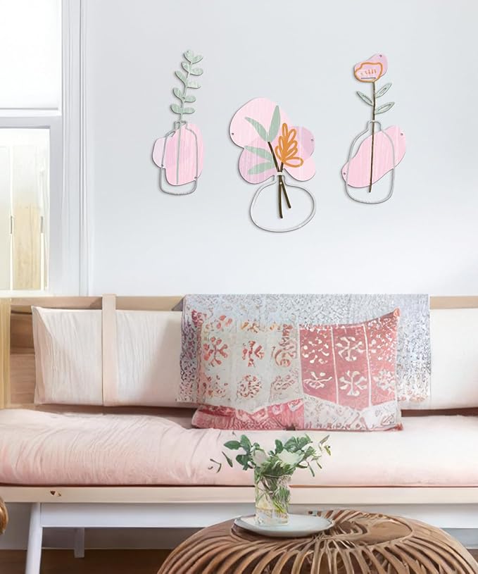 Putuo Decor 3Pcs Metal Flower Wall Art, Minimalist Flower Vase Bathroom Wall Decor, Rustic Farmhouse Decor for Living Room, Bathroom, Bedroom, Elegant Housewarming Gift(Pink)