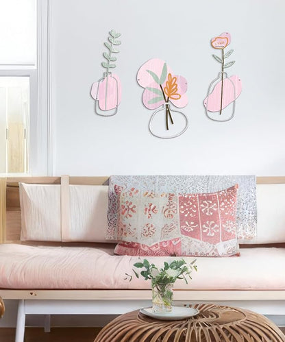 Putuo Decor 3Pcs Metal Flower Wall Art, Minimalist Flower Vase Bathroom Wall Decor, Rustic Farmhouse Decor for Living Room, Bathroom, Bedroom, Elegant Housewarming Gift(Pink)