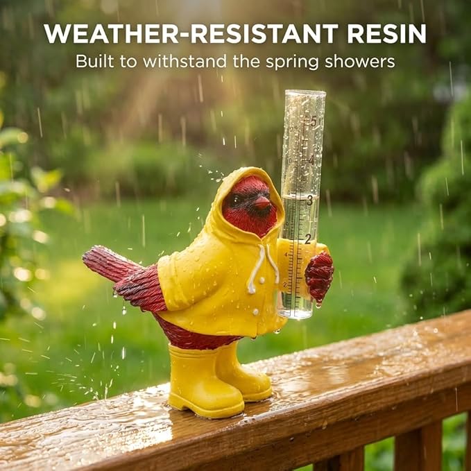The Bridge Collection Cardinal in Raincoat Rain Gauge Statue - Cute Red Bird Spring Garden Decor