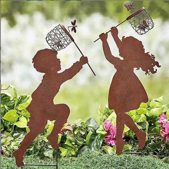 Butterfly Girl Silhouette Sculpture,Shadow Art Garden Figurines, Metal Garden Fence Stake for Lawn Outdoor Patio Home Decor (E)