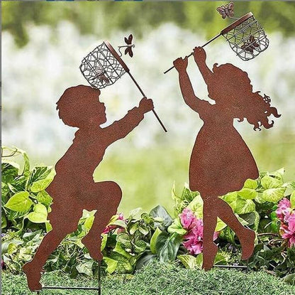 Butterfly Girl Silhouette Sculpture,Shadow Art Garden Figurines, Metal Garden Fence Stake for Lawn Outdoor Patio Home Decor (E)