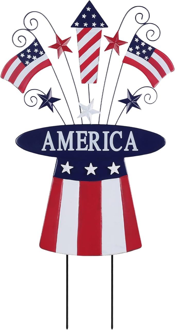 hogardeck 4th of July Decorations Outdoor, 31" Metal Patriotic Hat with Flag Star Rocket Decorative Garden Stakes for Fourth of July Decorations, Memorial Day Yard Signs for Garden Lawn Porch Decor