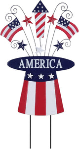 hogardeck 4th of July Decorations Outdoor, 31" Metal Patriotic Hat with Flag Star Rocket Decorative Garden Stakes for Fourth of July Decorations, Memorial Day Yard Signs for Garden Lawn Porch Decor