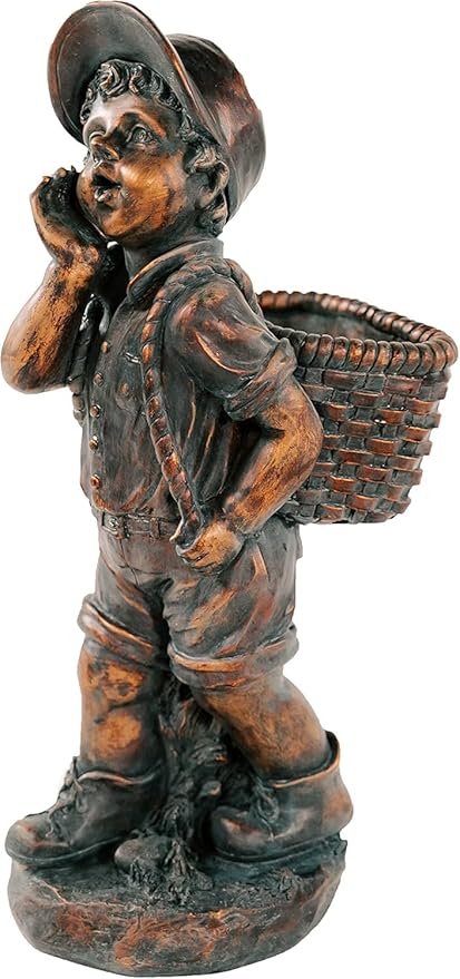 XBrand 24" H Faux Bronze Magnesium Oxide Walking Boy Garden Statue w/Small Flower Plant Pot, Outdoor Décor, Natural Design Sculpture