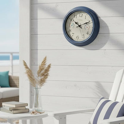 Crosstime 12 Inch Outdoor Clock with Thermometer & Hygrometer, Vintage Blue Wall Clock Waterproof, Easy to Read Decor for Patio,Garden, Pool, Backyard, Farmhouse, Bathroom