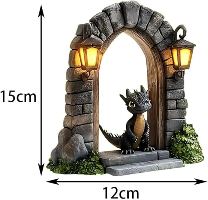 Dragon Garden Statue with LED Lanterns, Gothic Stone Archway, Dark Grey Resin, 15x12cm, Fantasy Medieval Decor, Illuminated Design for Outdoor Garden Path