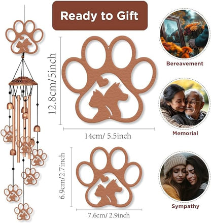 ORIGACH Metal Paw Print Wind Chimes Dogs Cat Pet Wind Chime Gifts for Pet Lover Deep Tone Suitable for Outdoor, Indoor, Balcony, Garden, Courtyard, Porch, 30-Inch Long