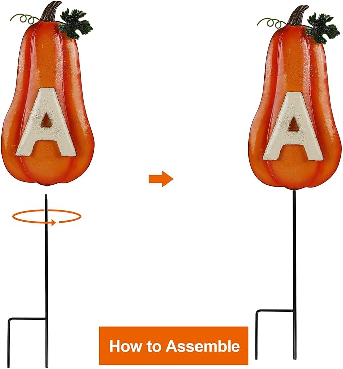 Juegoal 4 Pcs Fall Decorative Garden Stakes, 24.8 Inch Letter Fall Metal Yard Sign with Pumpkins, Outdoor Art Stake for Thanksgiving Decorations Fall Autumn Harvest Patio Lawn Walkway, Style B