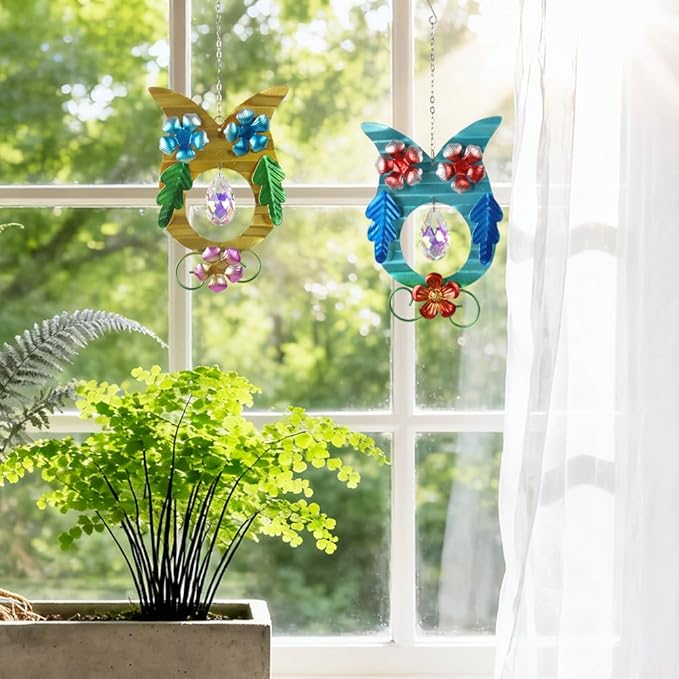 2 Pack Hanging Owl Suncatchers,Rainbow Maker Crystal,Metal Sun Catchers Indoor Window for Garden, Patio, Balcony, Indoor Window, Present for Owl and Garden Lover