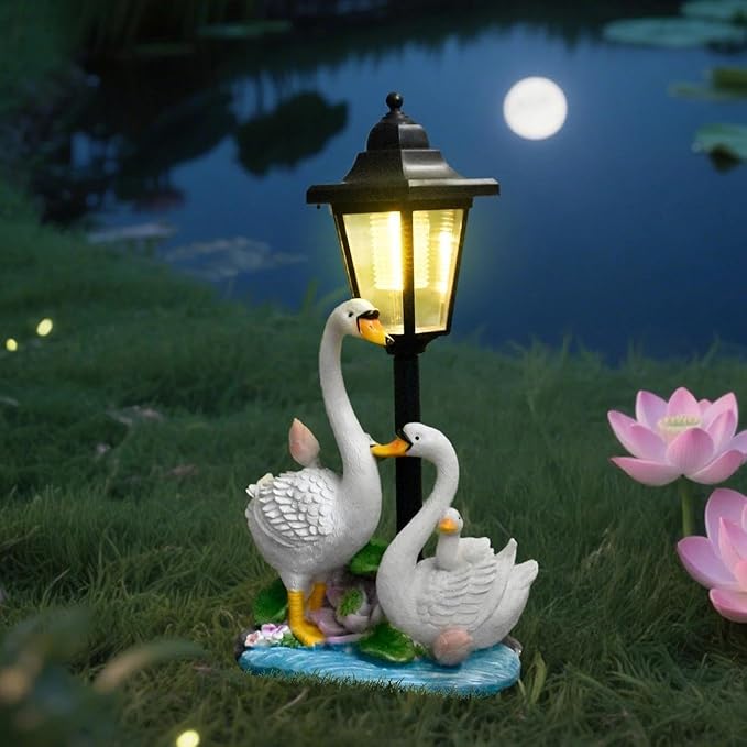 Solar Swan Garden Statue Outdoor Decor, Elegant Bird Figurines with Street Lamp Light for Patio Porch Decorations, Yard Lawn Sculptures Statues Unique Women Homes