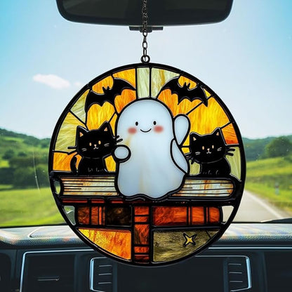 Funny Halloween Ghosts and Books Acrylic Suncatcher Stained Glass Effect Window Car Hanging Christmas Ornament Indoor Outdoor Decor Garden Sun Catcher Panel for Book Lover for Women Mom Grandma
