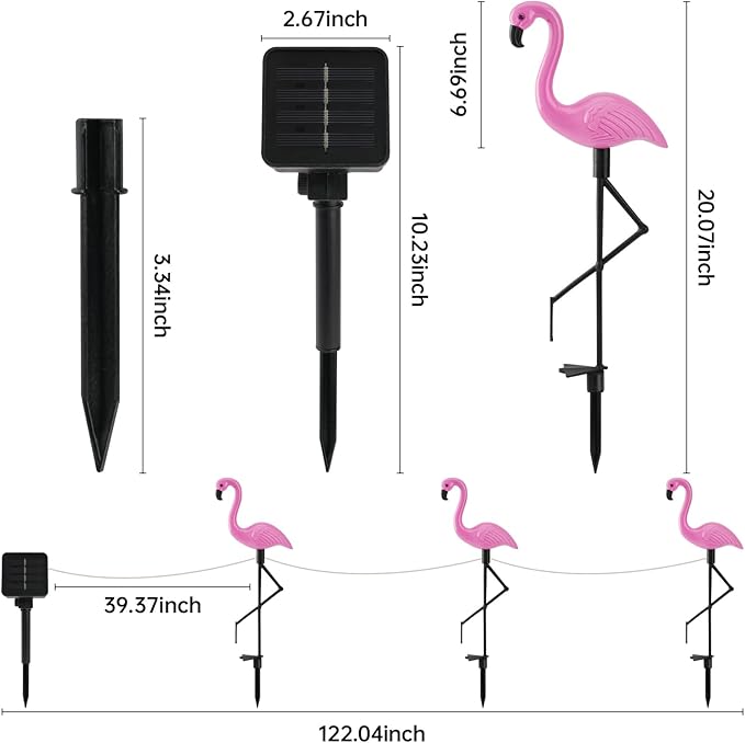 Solar Flamingo Lights 3 Pcs Set, Waterproof Solar Garden Lights Outdoor Decoration, Pink Flamingo Garden Decoration for Patio Lawn Sidewalk Pathway