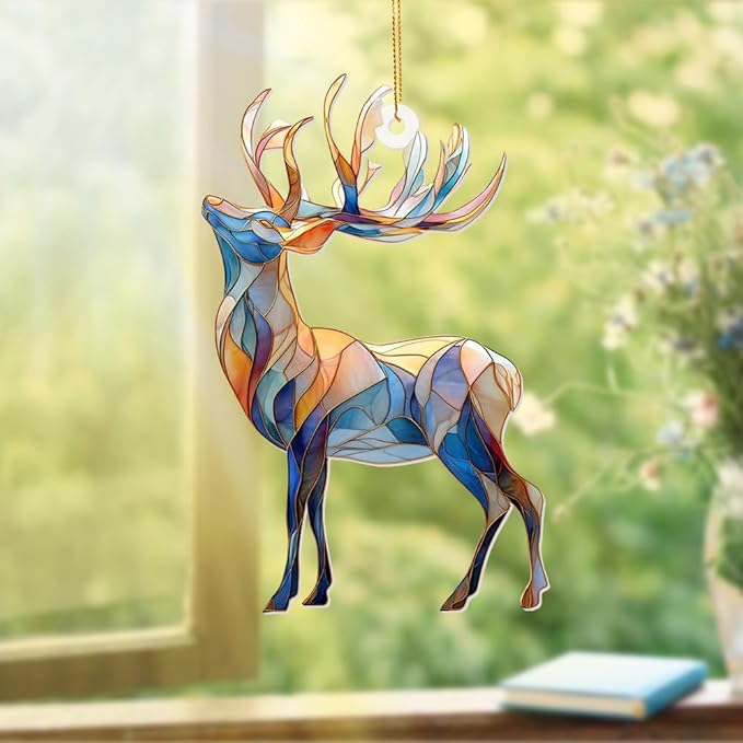 Stained Glass Deer Christmas Ornament 2025 – Reindeer Tree Decoration, Acrylic Suncatcher Window Hanging, Holiday Home Décor & Gift for Wildlife Lovers(Sun-06)