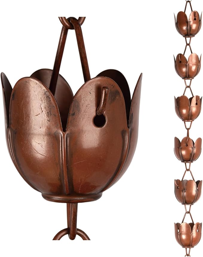 6ft Rain Chain for Gutters Durable Antique Copper Rain Chains for Outside with 17 Large Lotus Cups Decorative Rain Catcher Chain Downspout Replacement for Outdoor Drainage & Eaves
